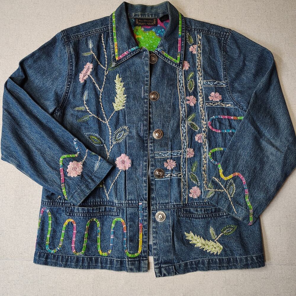 New Direction Denim Jacket S Embroidered Floral Boho Art To Wear Cottagecore